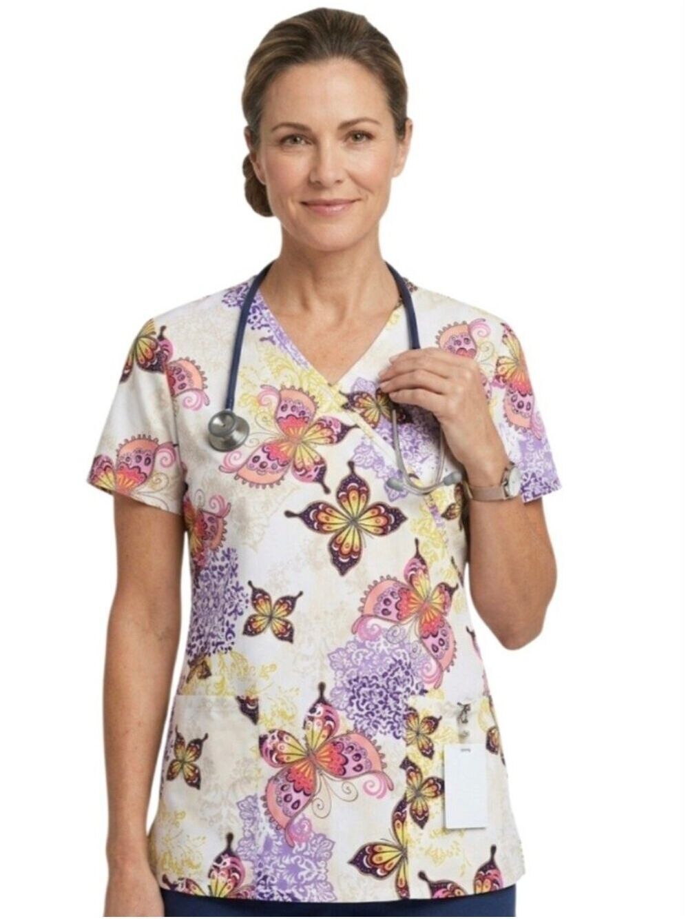 SB Scrubs V-Neck Scrub Top Women's Medium Butterfly Mandala Colorful